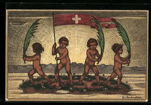 Künstler-AK Kinder mit Palmwedeln, Schweizer Bundesfeier 1916