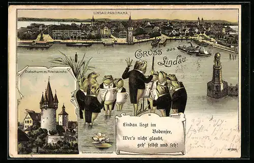 Lithographie Lindau, Panorama, Diebsturm mit Peterskirche, Singende Frösche