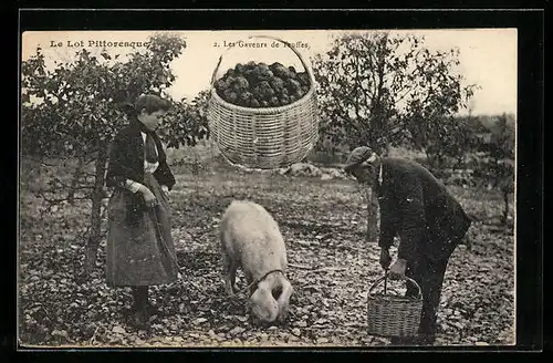 AK Le Lot Pittoresque, Les Gaveurs de Truffes, Bauernpaar mit Trüffelschwein