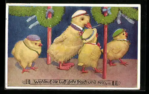 AK Küken mit Studentenmützen beim Wandern