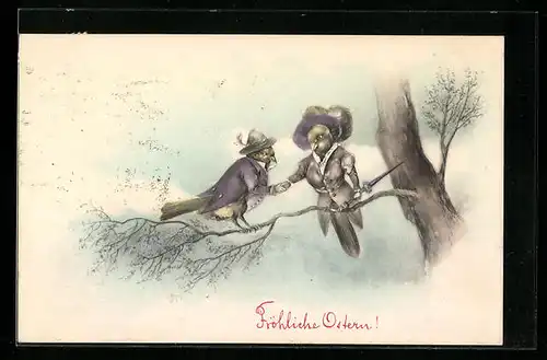 AK Vogel schenkt einer Vogeldame ein Osterei