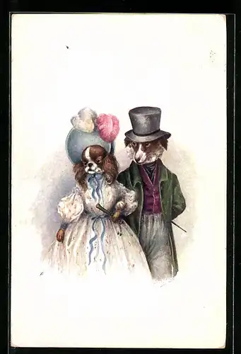 AK Zwei Hunde im Kleid und Anzug, Pekinese