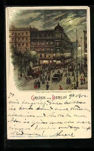 Lithographie Berlin, Cafe Bauer Unter den Linden- Ecke Friedrichstrasse am Abend