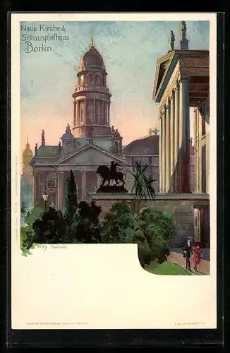 Lithographie Berlin, Neue Kirche und Schauspielhaus, Gendarmenmarkt