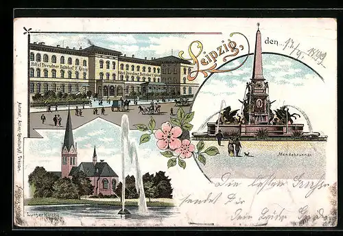 Lithographie Leipzig, Strassenpartie mit Hotel Dresdner Bahnhof, Mendebrunnen