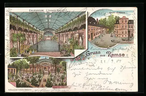 Lithographie Remse, Gasthaus Colosseum mit Garten und Innenansicht