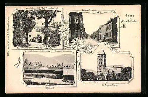 AK Niederlahnstein, Bahnhofstrasse, Bahnhof, Gasthaus Arnsteinerhof / Kgl. Oberförsterei