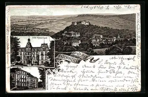 Lithographie Badenweiler, Ortsansicht, Hotel Römerbad, Hotel Sommer