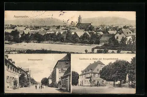 AK Appenweier, Panorama, Strassenpartie, Gasthaus zum Adler mit Kriegerdenkmal