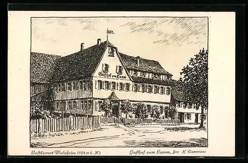 Künstler-AK Welzheim, Gasthof zum Lamm H. Eisenmann, Strassenansicht