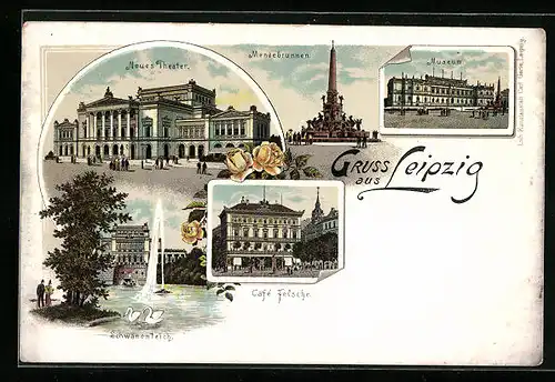 Lithographie Leipzig, Neues Theater, Cafe Felsche, Museum