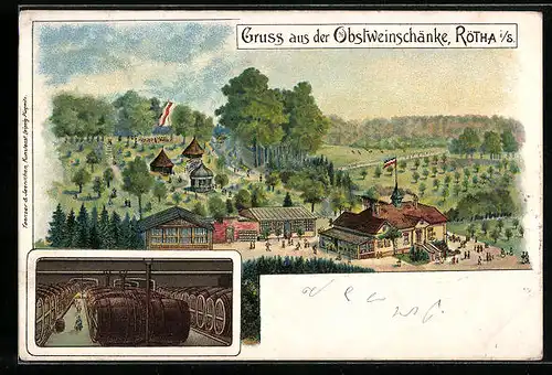 Lithographie Rötha /Sa., Gasthaus Obstweinschänke mit Umgebung, Weinkeller