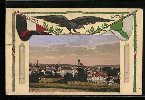 Passepartout-AK Bischofswerda /Sa., Ortsansicht, Adler mit Fahnen