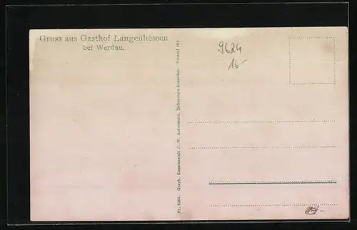 AK Werdau, Gasthof Langenhessen mit Strasse und Kutschen aus der Vogelschau