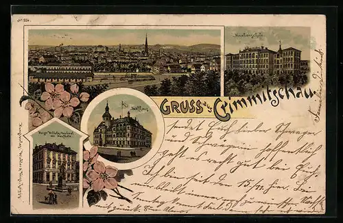 Lithographie Crimmitschau, Ortsansicht, Knabenschule, Kaufhalle und Denkmal