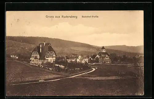 AK Rudersberg, Ortsansicht mit Bahnhof und Umgebung