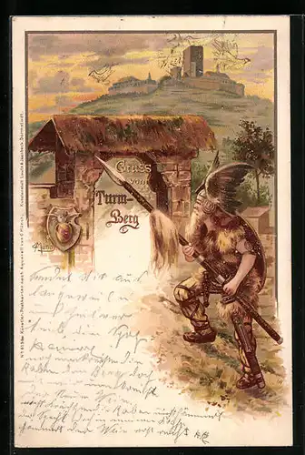 Lithographie Durlach, Gruss vom Turmberg, Kühner Recke