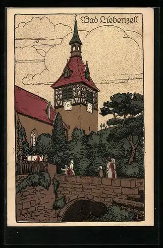 Steindruck-AK Bad Liebenzell, Familie auf dem Weg in die Kirche