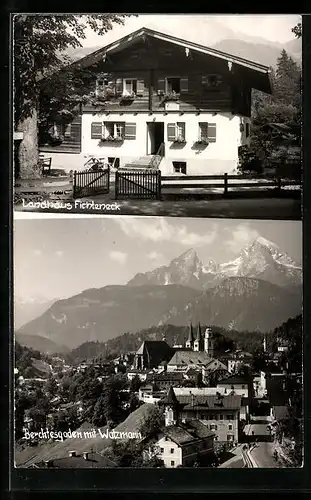 AK Berchtesgaden, Ortsansicht mit Watzmann, Landhaus Fichteneck