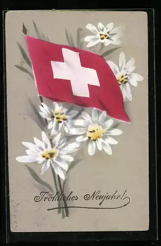 AK Schweiz, Neujahrsgruss mit schweizer Flagge und Blumen