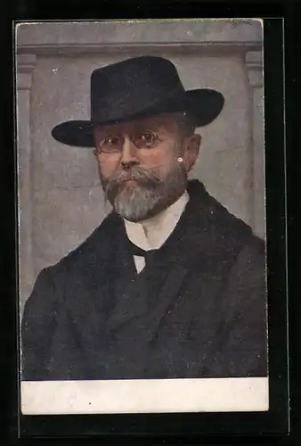 Künstler-AK Präsident Masaryk (TGM) im Anzug mit Zwicker und Hut