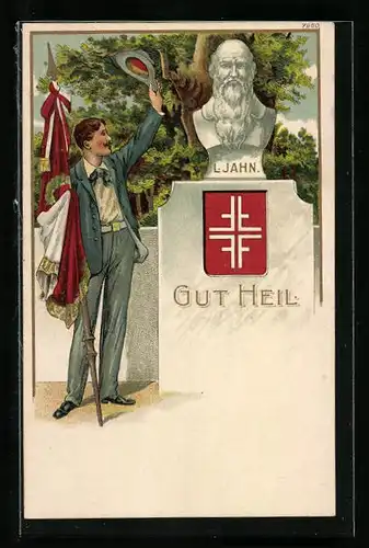 Lithographie Turnvater Jahn, Mann mit Fahne grüsst das Denkmal von Jahn