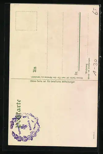 Lithographie Turnvater Jahn, Mann mit Fahne grüsst das Denkmal von Jahn