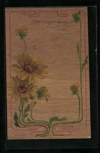 Holzbrand-Imitations-AK Motiv mit Blumen