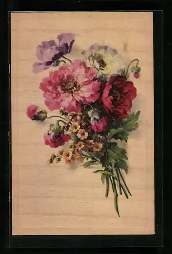Holzbrand-Imitations-AK Motiv mit Blumenstrauss