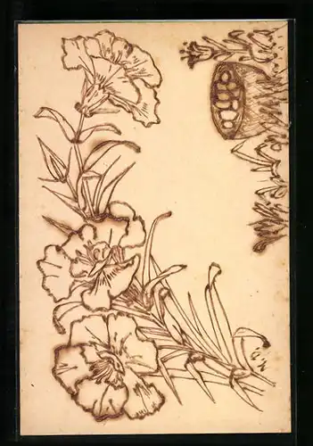 Holzbrand-Imitations-AK Blumenmotiv eingebrannt