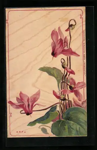 Holzbrand-Imitations-AK Rosa Blüten, Alpenveilchen