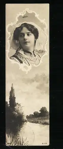 Mini-AK Dame und Flusslandschaft