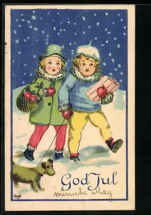 Mini-AK Kinder mit Geschenken im Schnee