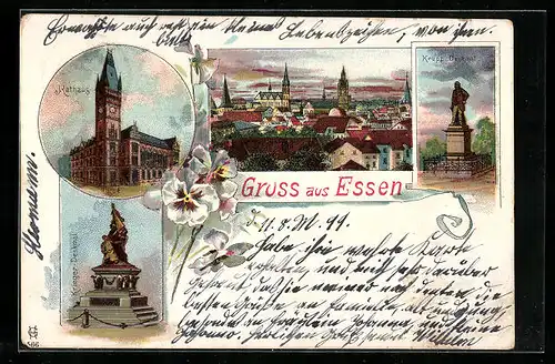 Lithographie Essen, Rathaus, Krieger-Denkmal, Krupp-Denkmal