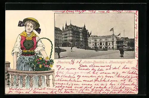 Präge-AK Hamburg-Neustadt, Alster-Pavillon und Hotel Hamburger Hof, Frau mit Blumenkorb