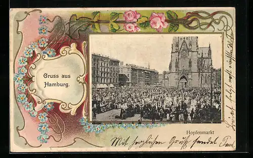 Präge-AK Hamburg, Hopfenmarkt mit Kirche, Passepartout