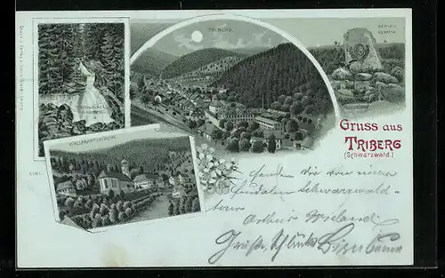 Lithographie Triberg /Schwarzwald, Wallfahrtskirche, Gerwig-Denkmal, Wasserfall