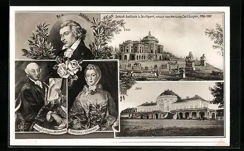 AK Stuttgart, Schloss Solitude, Portraits Schiller, Herzog Carl Eugen und Franciska v. Hohenheim