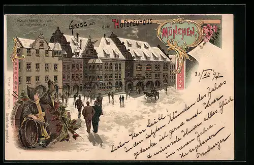 Winter-Lithographie München, Münchner Hofbräuhaus bei Nacht im Winter