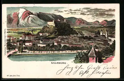 Künstler-AK Seiling Nr. 54: Salzburg, Stadt-Panorama mit Untersberg, Berg mit Gesicht / Berggesichter