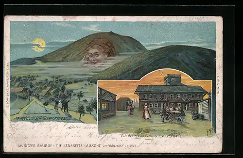 Lithographie Schwenke Serie 5 Nr. 3: Gasthaus a. d. Lausche, Die benebelte Lausche, Berg mit Gesicht / Berggesichter