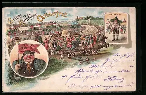 Lithographie München, Lustiges Treiben auf dem Oktoberfest mit Wurzelsepp