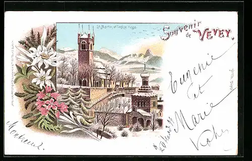 Winter-Lithographie Vevey, St. Martin et Eglise russe