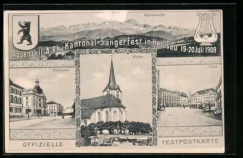 AK Herisau, Kantonal-Sängerfest 1908, Alpsteinkette, Poststrasse, Kirche, Platz, Wappen und Lyra