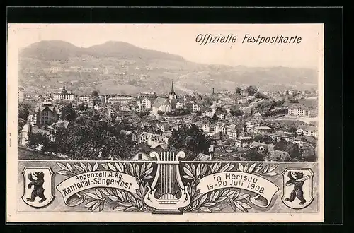 AK Herisau, Kantonal-Sängerfest 1908, Ortsansicht aus der Vogelschau, Wappen und Lyra