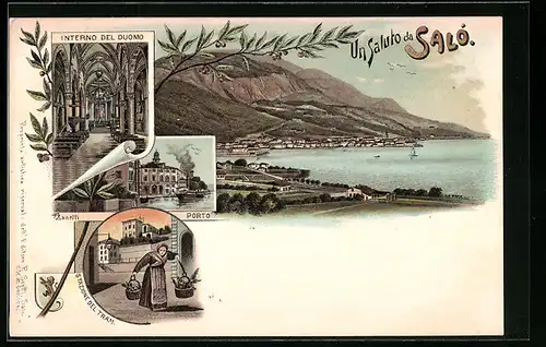 Lithographie Saló, Ortsansicht mit Umgebung, Hafen, Inneres des Domes