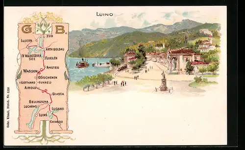 Lithographie Luino, Ortsansicht mit Strasse am Wasser, Karte mit Strecke von Chiasso nach Luzern