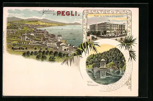 Lithographie Pegli, Ortsansicht aus der Vogelschau, Hotel de la Ville und d`Angleterre, Villa Pallavicini