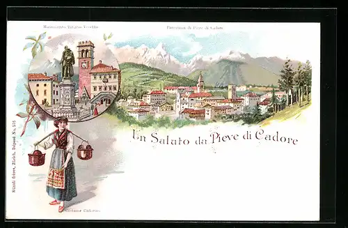 Lithographie Pieve di Cadore, Panorama, Monumento Tiziano Vecellio, Costume Cadorio