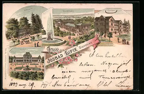 Lithographie Jodbad Lipik, Wandelbahn, Jodquelle, Curhotel